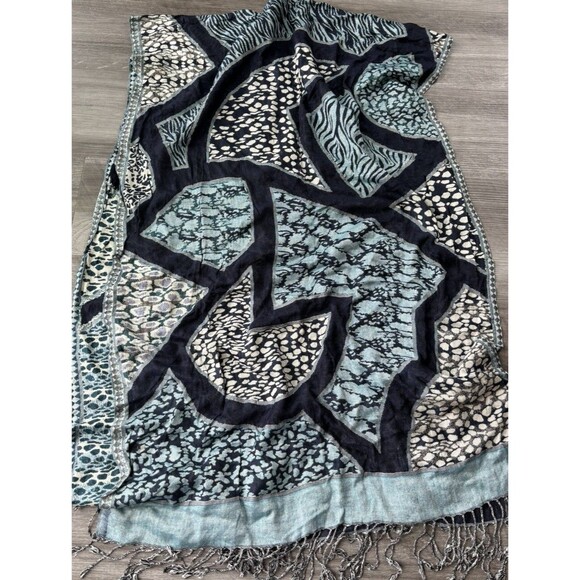 Women’s Blue Pashmina Scarf Silk Cashmere Blend Fringe - Picture 4 of 5